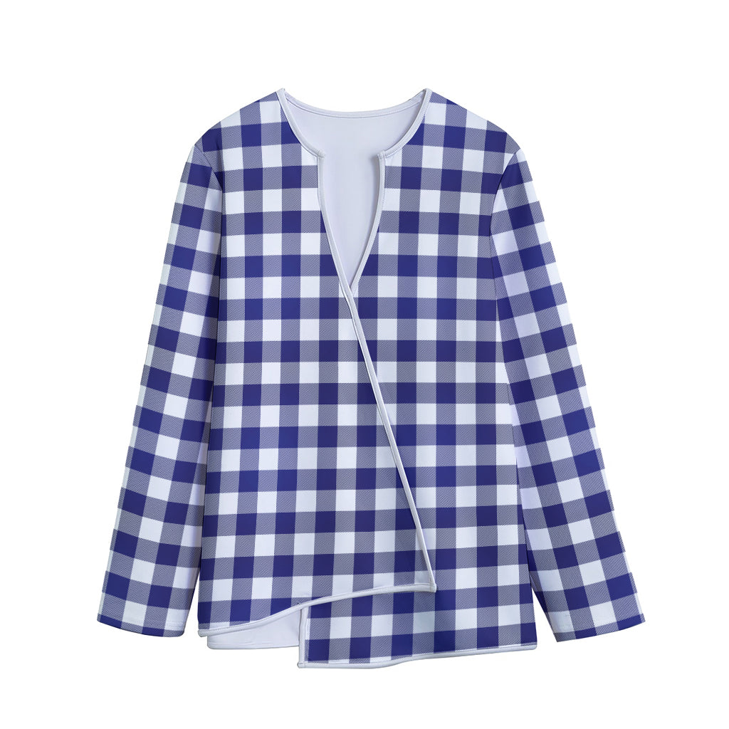 Navy And White Buffalo Check Print Long Sleeve Short Coat