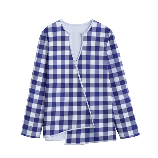 Navy And White Buffalo Check Print Long Sleeve Short Coat