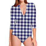 Navy And White Buffalo Check Print Long Sleeve Swimsuit