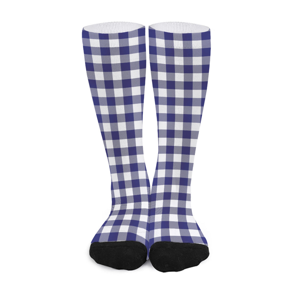 Navy And White Buffalo Check Print Long Socks