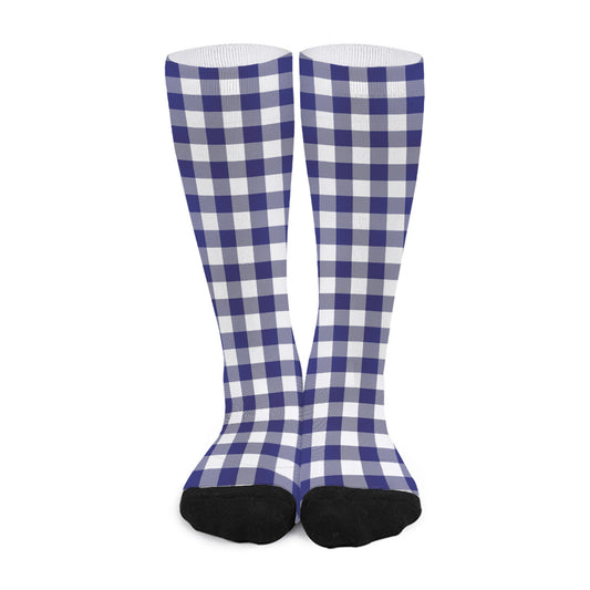Navy And White Buffalo Check Print Long Socks