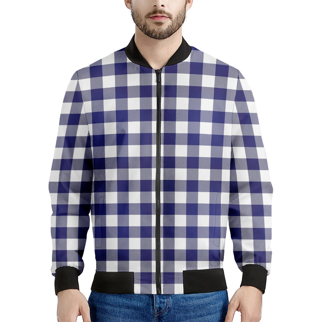 Navy And White Buffalo Check Print Men's Bomber Jacket