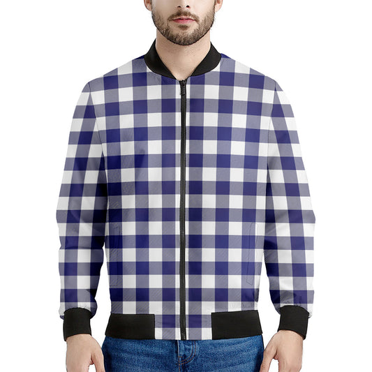 Navy And White Buffalo Check Print Men's Bomber Jacket