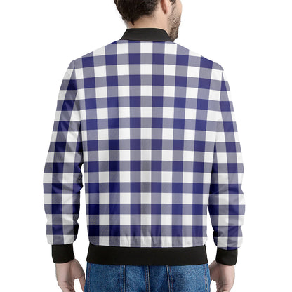 Navy And White Buffalo Check Print Men's Bomber Jacket