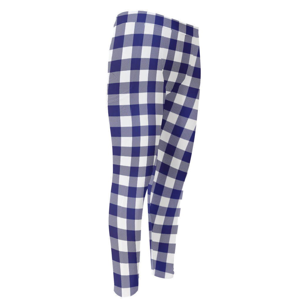 Navy And White Buffalo Check Print Men's Compression Pants
