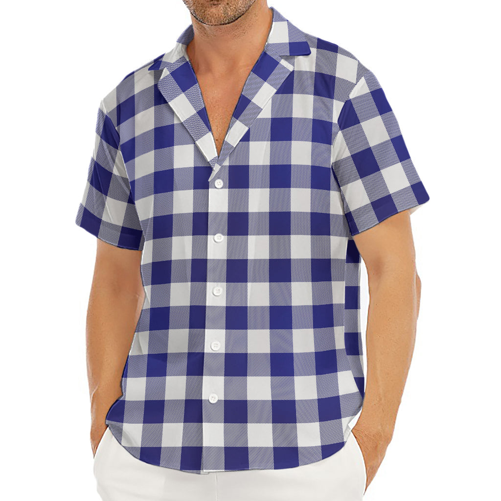 Navy And White Buffalo Check Print Men's Deep V-Neck Shirt