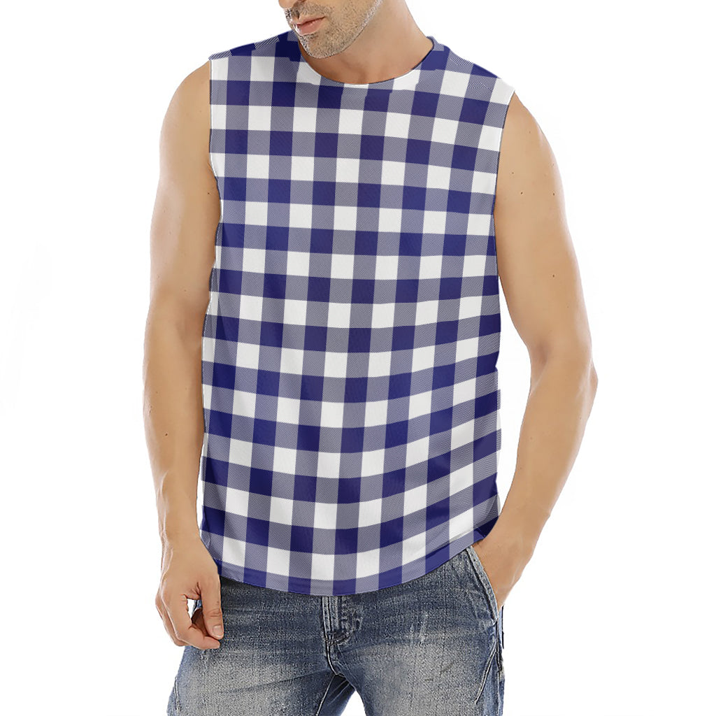 Navy And White Buffalo Check Print Men's Fitness Tank Top