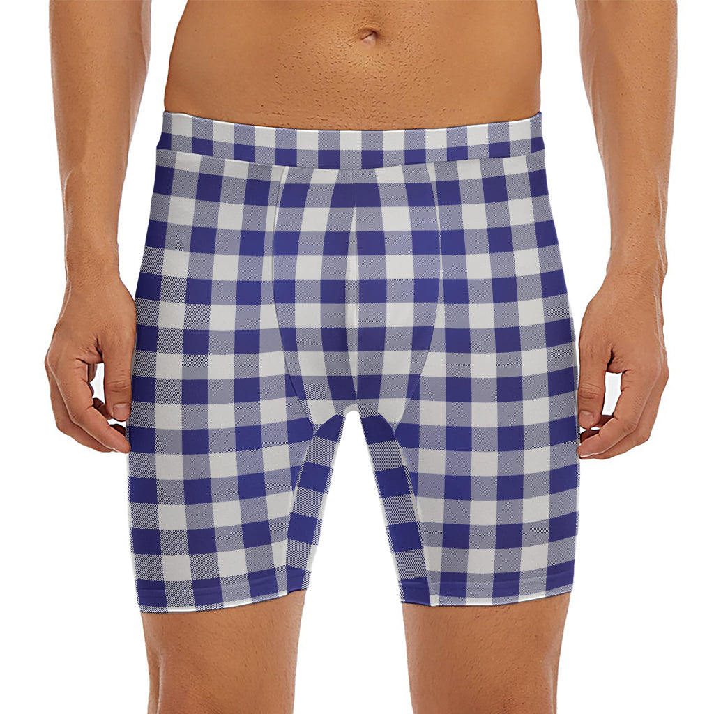 Navy And White Buffalo Check Print Men's Long Boxer Briefs