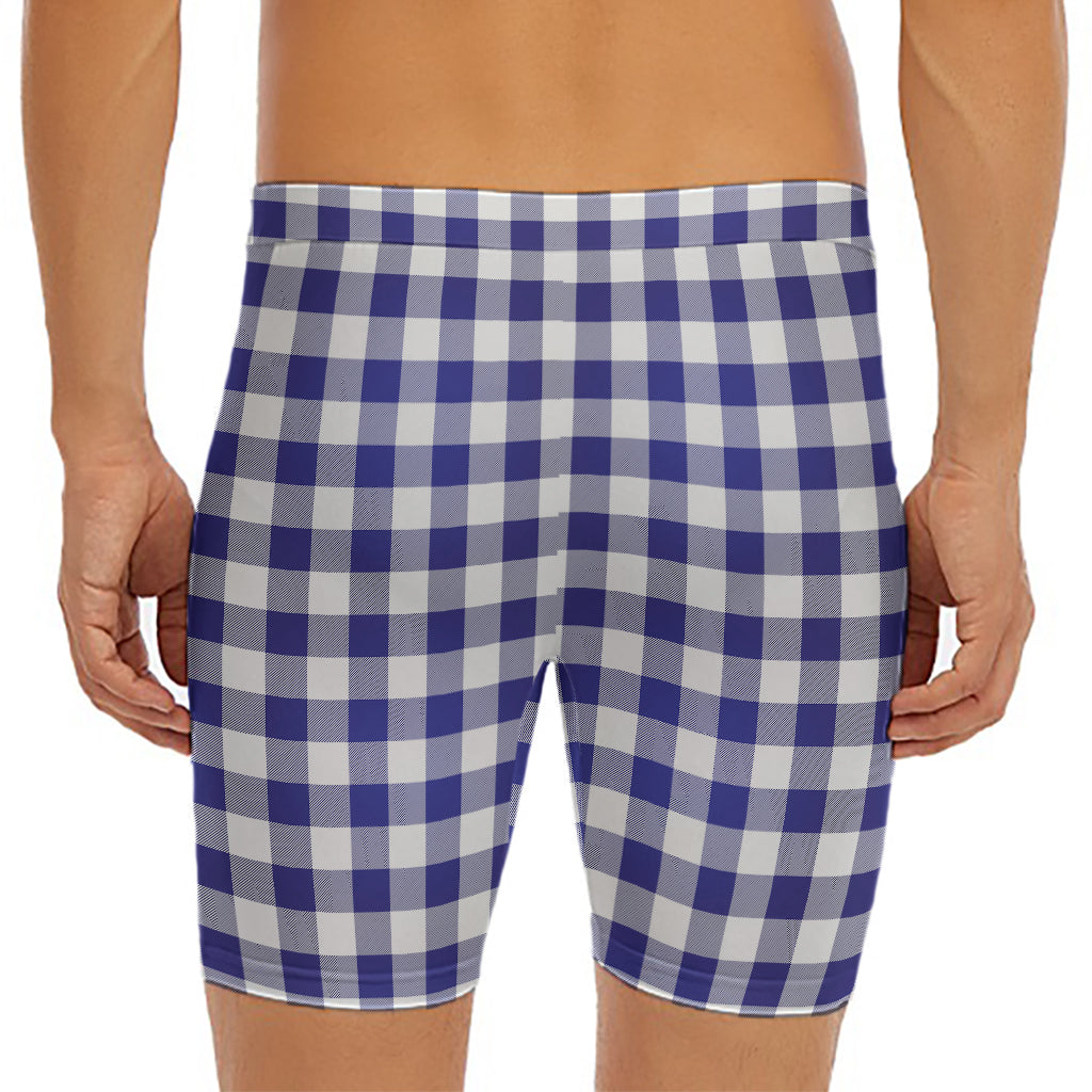 Navy And White Buffalo Check Print Men's Long Boxer Briefs