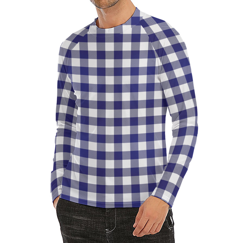 Navy And White Buffalo Check Print Men's Long Sleeve Rash Guard