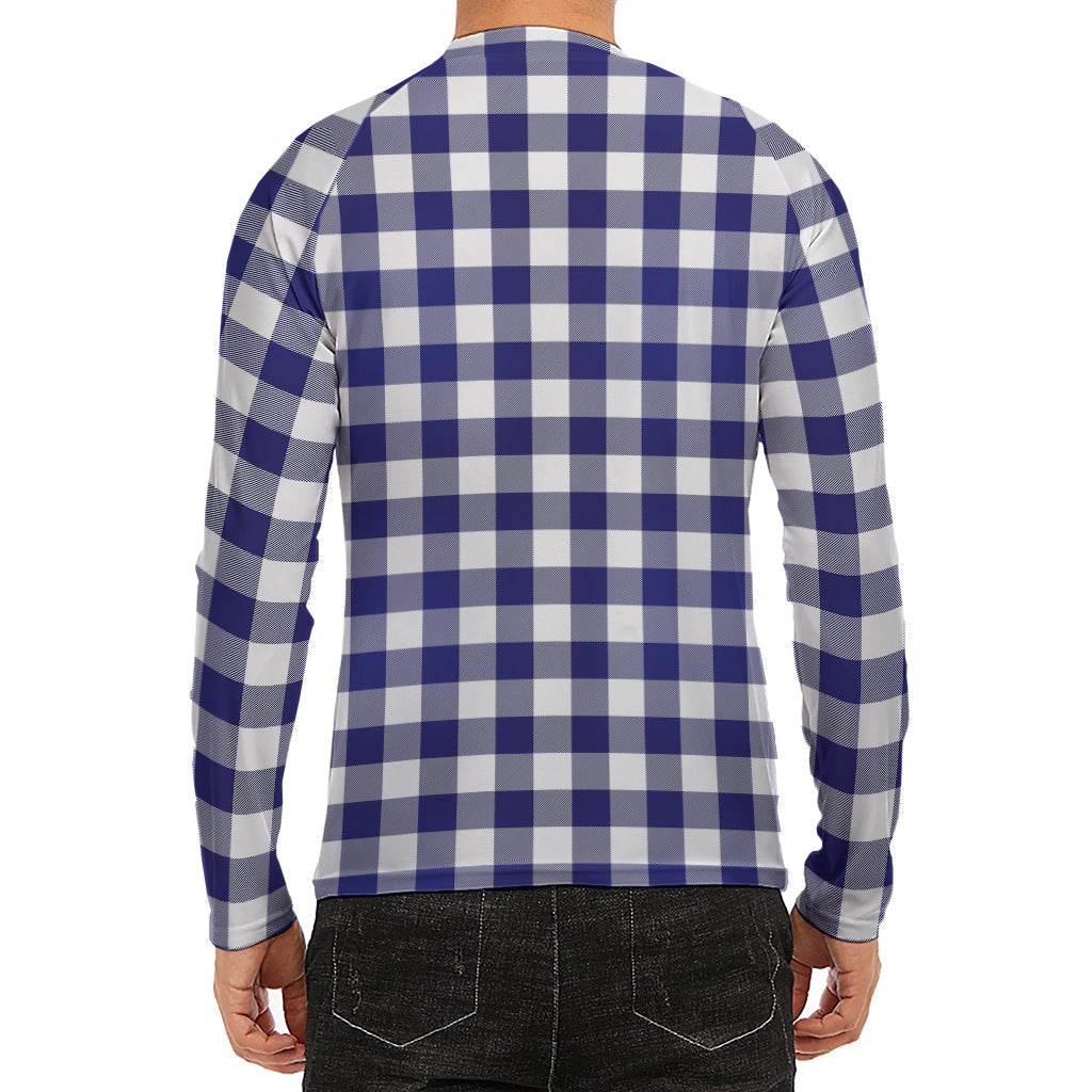 Navy And White Buffalo Check Print Men's Long Sleeve Rash Guard