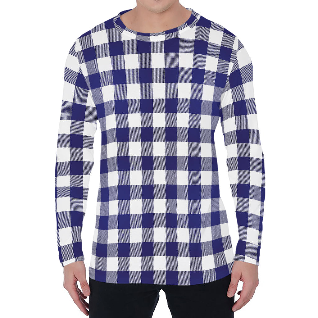 Navy And White Buffalo Check Print Men's Long Sleeve T-Shirt