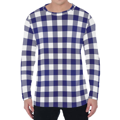 Navy And White Buffalo Check Print Men's Long Sleeve T-Shirt