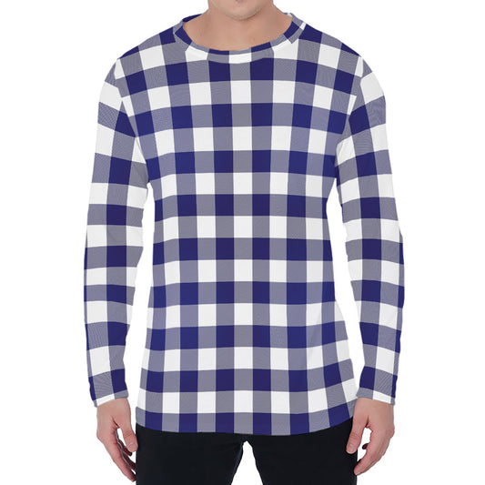 Navy And White Buffalo Check Print Men's Long Sleeve T-Shirt