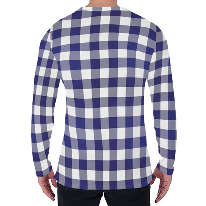 Navy And White Buffalo Check Print Men's Long Sleeve T-Shirt