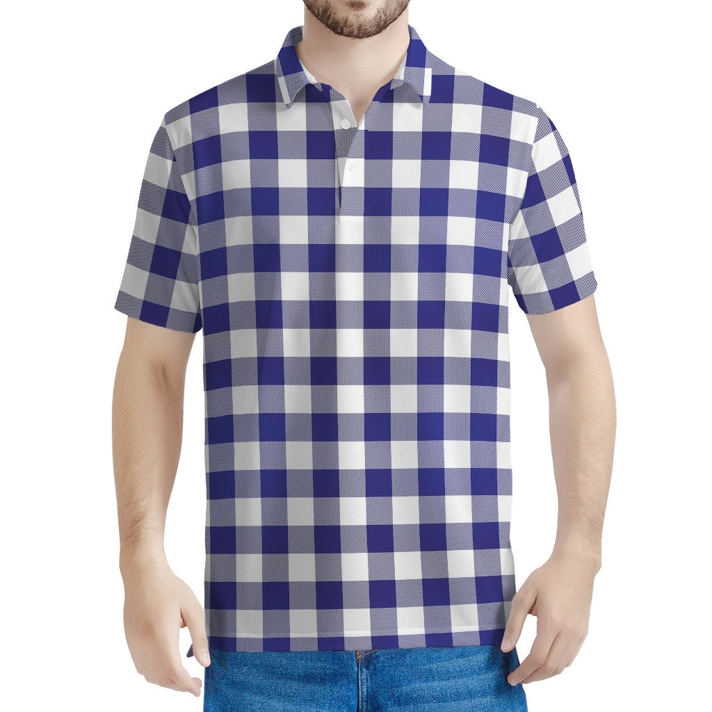 Navy And White Buffalo Check Print Men's Polo Shirt