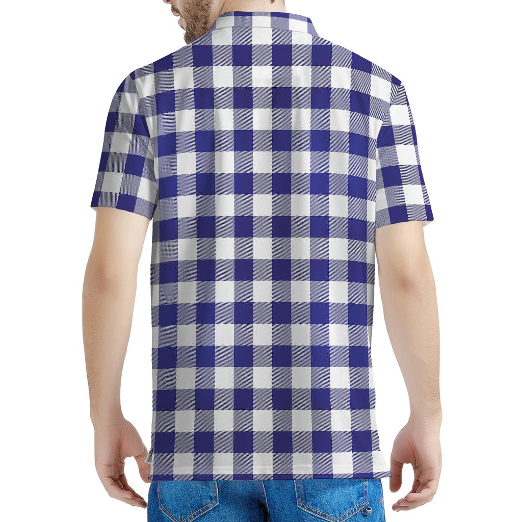 Navy And White Buffalo Check Print Men's Polo Shirt