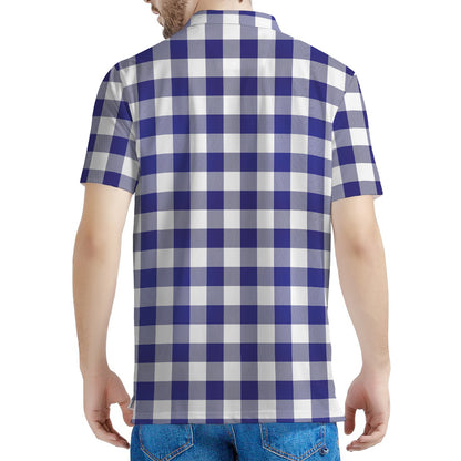 Navy And White Buffalo Check Print Men's Polo Shirt