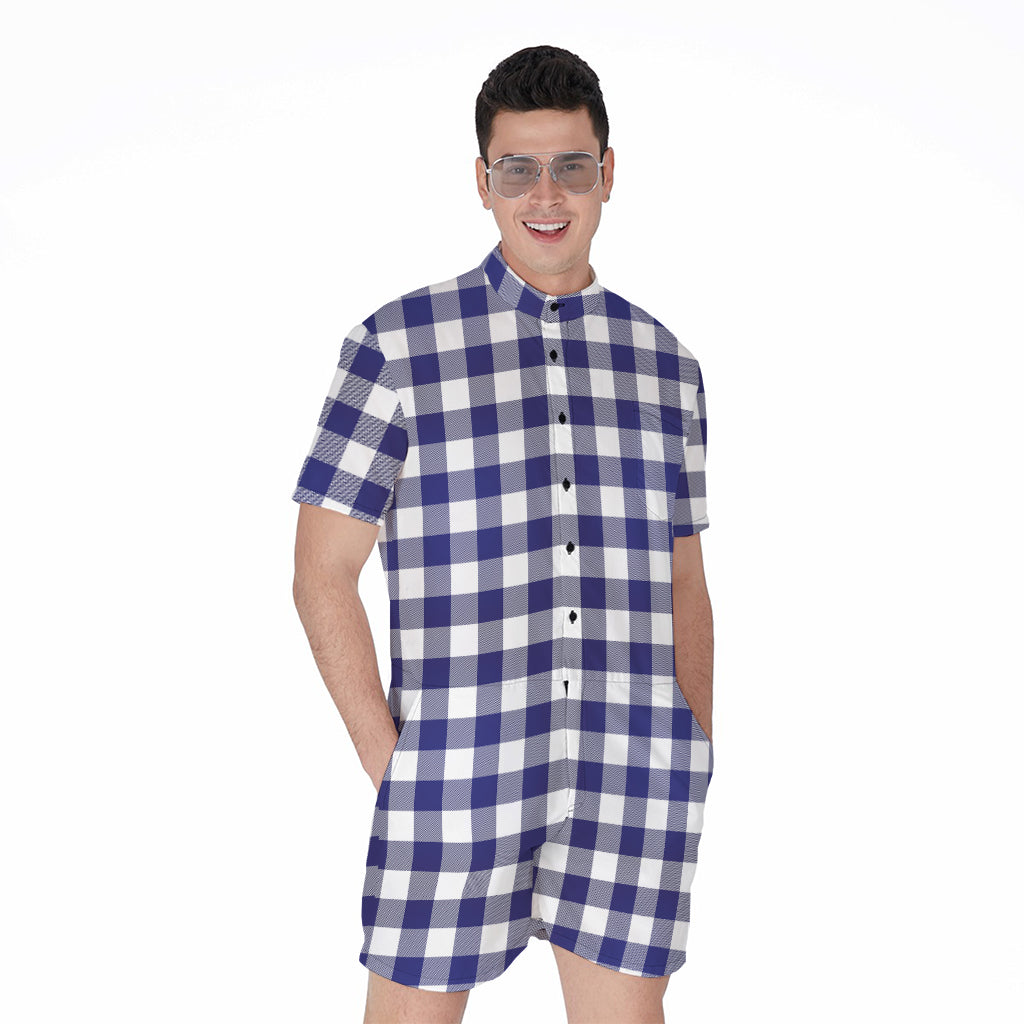 Navy And White Buffalo Check Print Men's Rompers