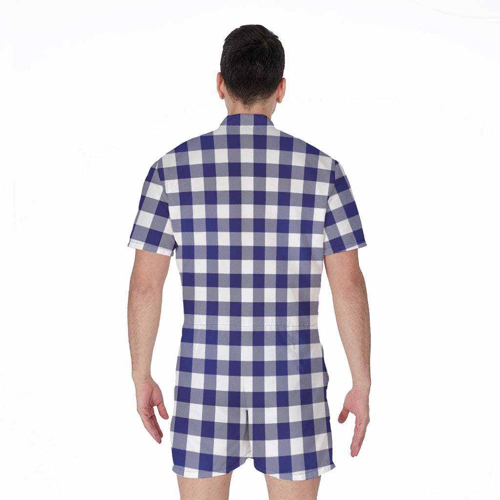 Navy And White Buffalo Check Print Men's Rompers