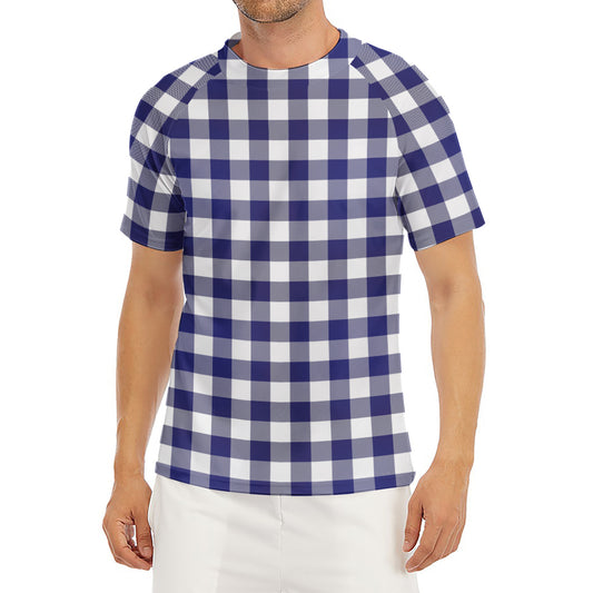 Navy And White Buffalo Check Print Men's Short Sleeve Rash Guard