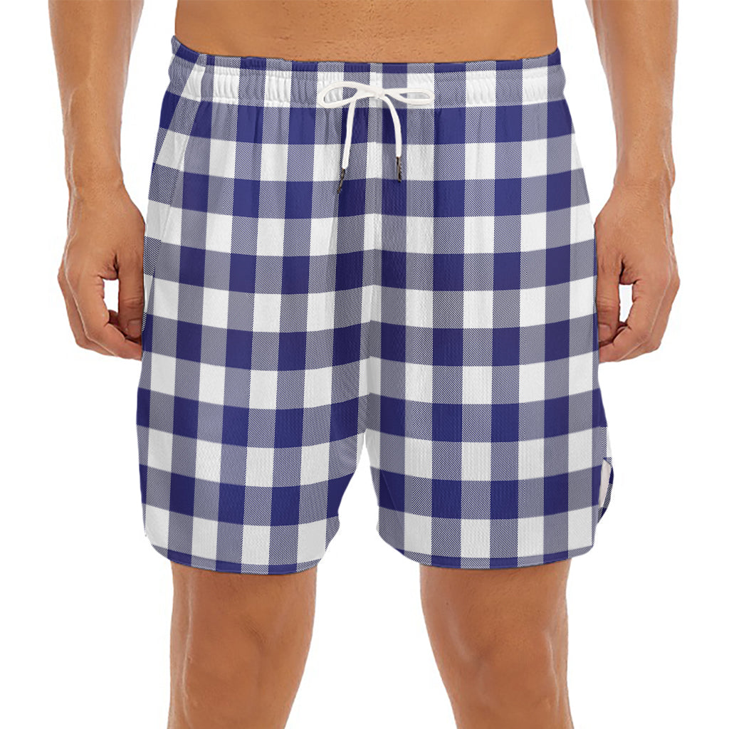 Navy And White Buffalo Check Print Men's Split Running Shorts