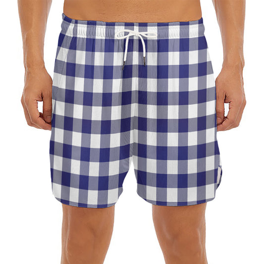 Navy And White Buffalo Check Print Men's Split Running Shorts