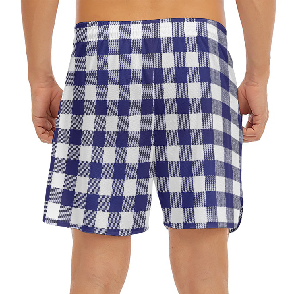 Navy And White Buffalo Check Print Men's Split Running Shorts