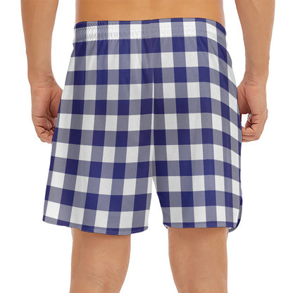 Navy And White Buffalo Check Print Men's Split Running Shorts