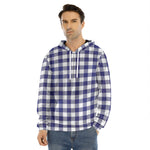 Navy And White Buffalo Check Print Men's Velvet Pullover Hoodie