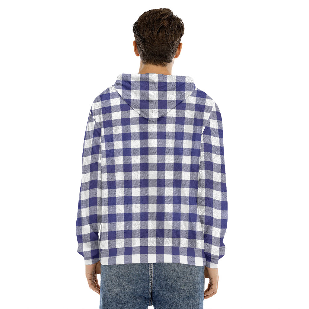 Navy And White Buffalo Check Print Men's Velvet Pullover Hoodie