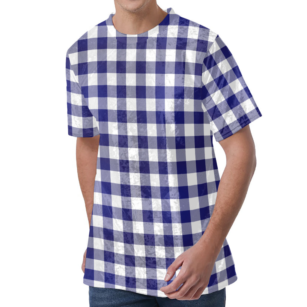 Navy And White Buffalo Check Print Men's Velvet T-Shirt