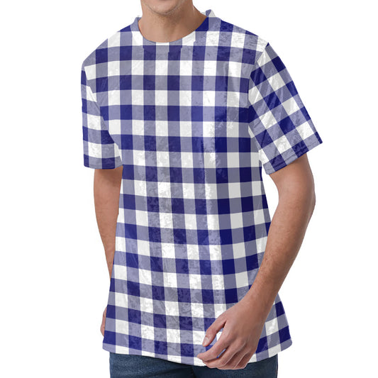 Navy And White Buffalo Check Print Men's Velvet T-Shirt