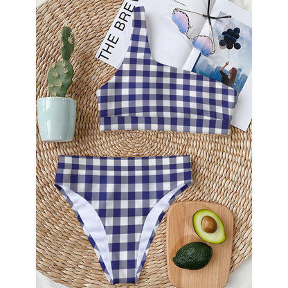 Navy And White Buffalo Check Print One Shoulder Bikini Top