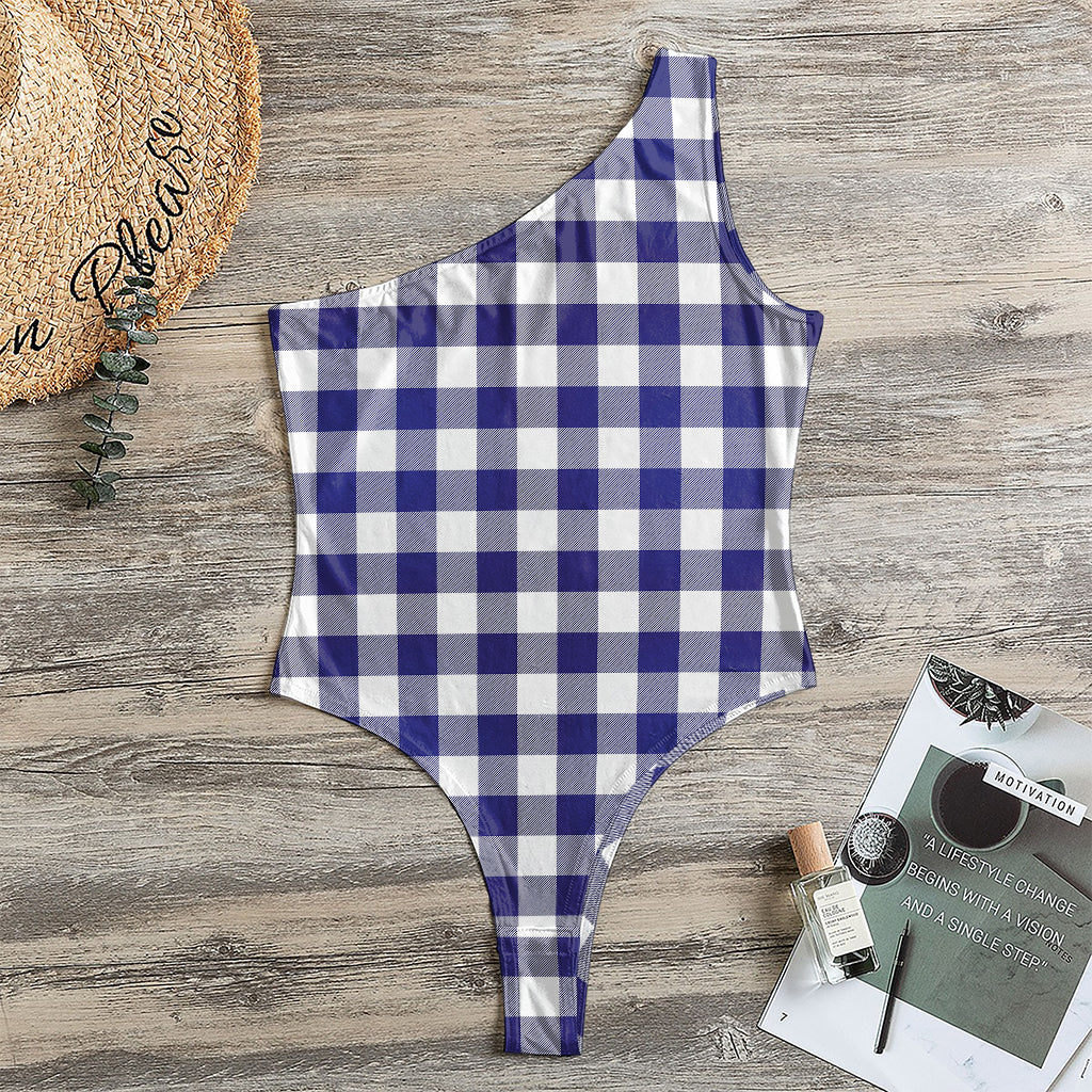 Navy And White Buffalo Check Print One Shoulder Bodysuit