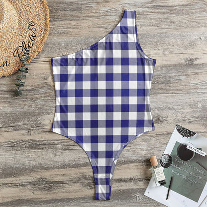 Navy And White Buffalo Check Print One Shoulder Bodysuit