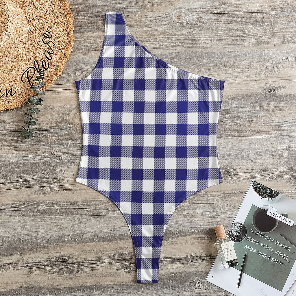 Navy And White Buffalo Check Print One Shoulder Bodysuit