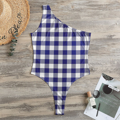 Navy And White Buffalo Check Print One Shoulder Bodysuit