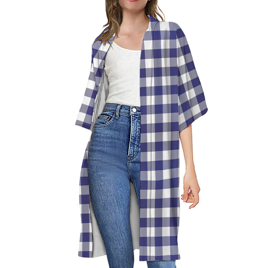 Navy And White Buffalo Check Print Open Front Beach Cover Up