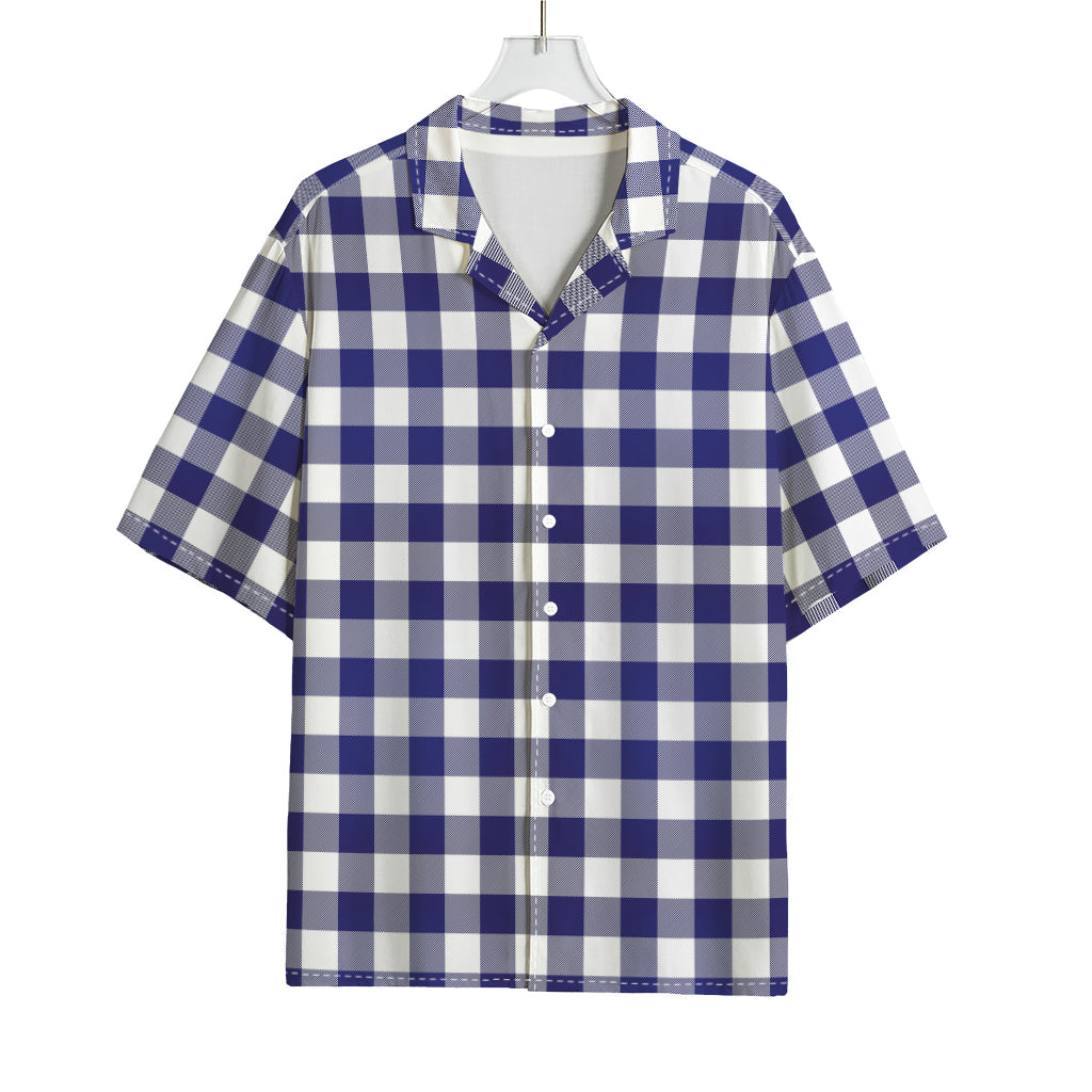 Navy And White Buffalo Check Print Rayon Hawaiian Shirt