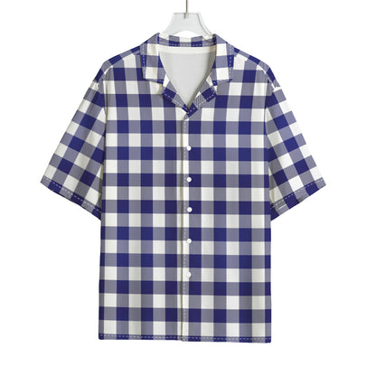 Navy And White Buffalo Check Print Rayon Hawaiian Shirt