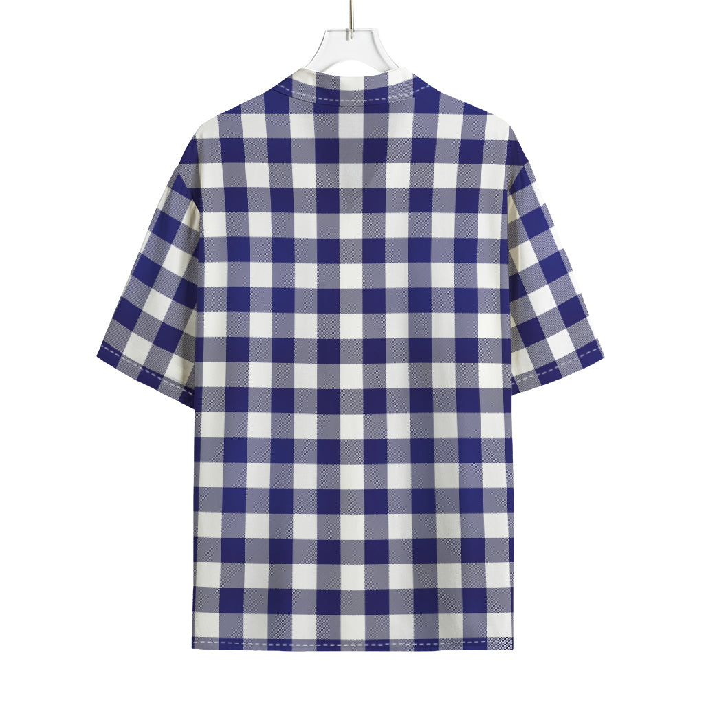 Navy And White Buffalo Check Print Rayon Hawaiian Shirt