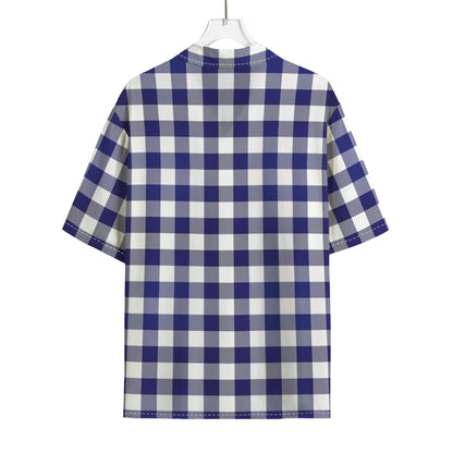 Navy And White Buffalo Check Print Rayon Hawaiian Shirt