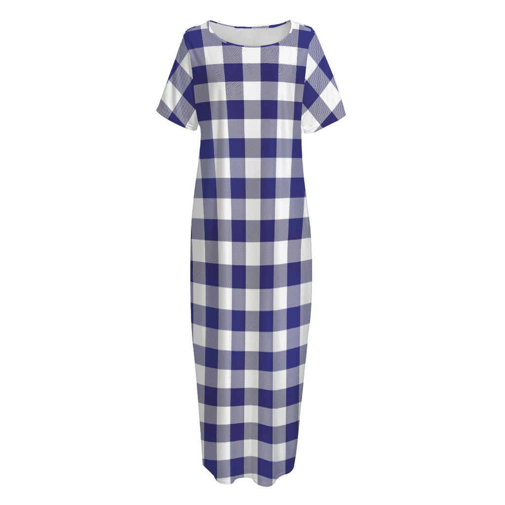 Navy And White Buffalo Check Print Short Sleeve Long Nightdress