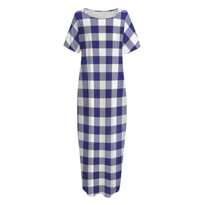 Navy And White Buffalo Check Print Short Sleeve Long Nightdress