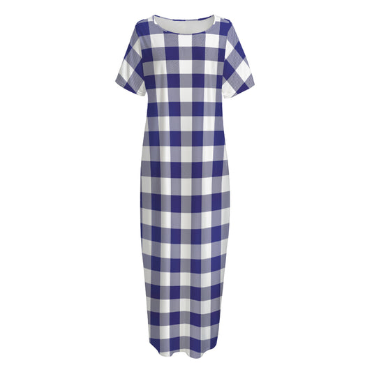 Navy And White Buffalo Check Print Short Sleeve Long Nightdress
