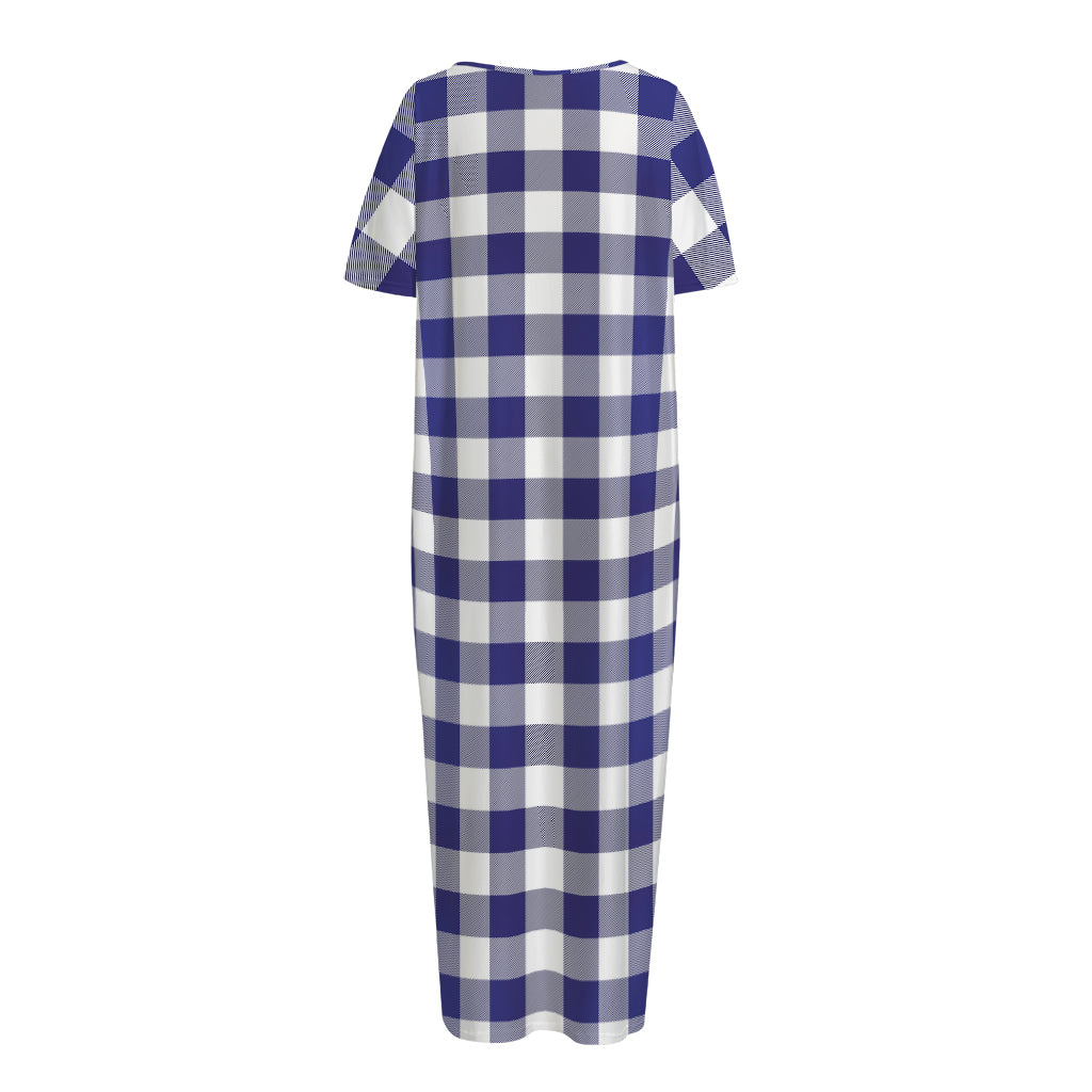 Navy And White Buffalo Check Print Short Sleeve Long Nightdress