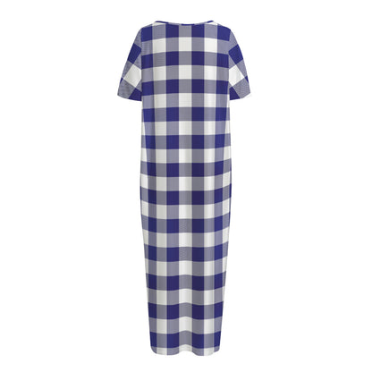 Navy And White Buffalo Check Print Short Sleeve Long Nightdress