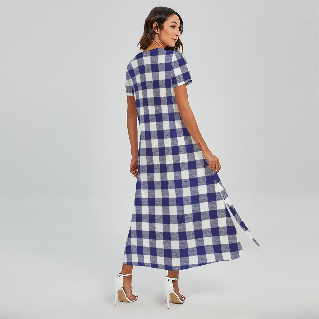 Navy And White Buffalo Check Print Short Sleeve Maxi Dress