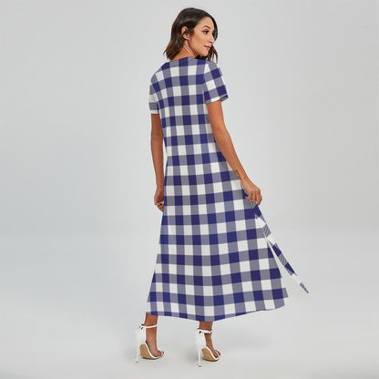 Navy And White Buffalo Check Print Short Sleeve Maxi Dress